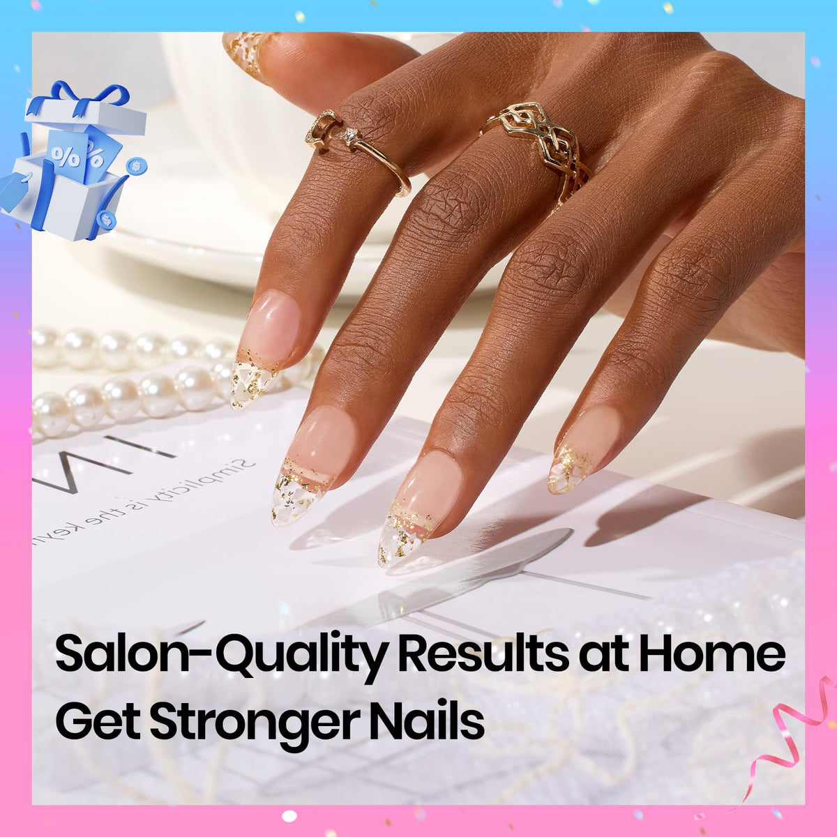 Finished manicure sealed with Beetles Builder Gel and rhinestones showing long-lasting decoration benefit