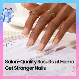 Finished manicure sealed with Beetles Builder Gel and rhinestones showing long-lasting decoration benefit