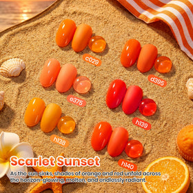 beetles Gel Polish five shades flatlay displaying coral, red, orange for styling ideas