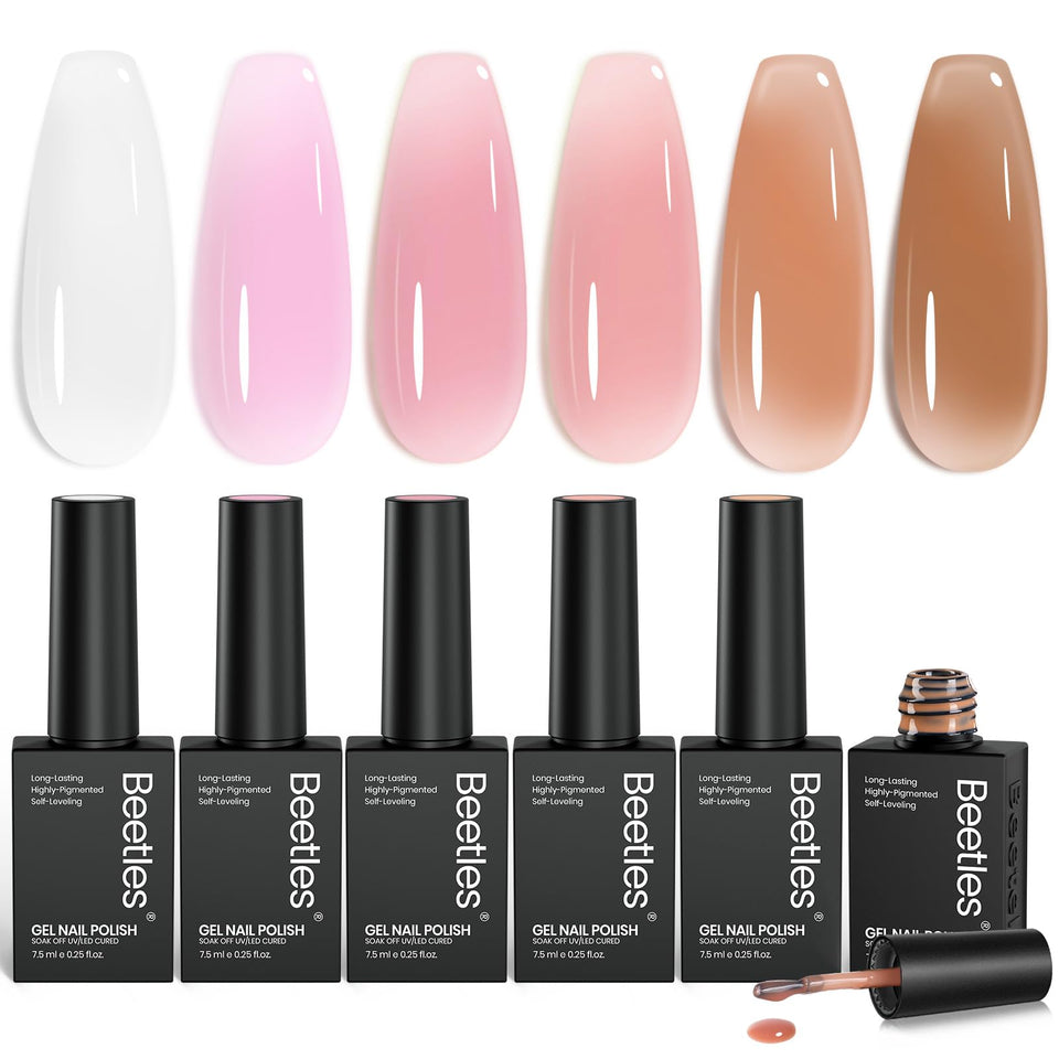 Beetles front packaging showing six nude jelly bottles and brand polish benefit