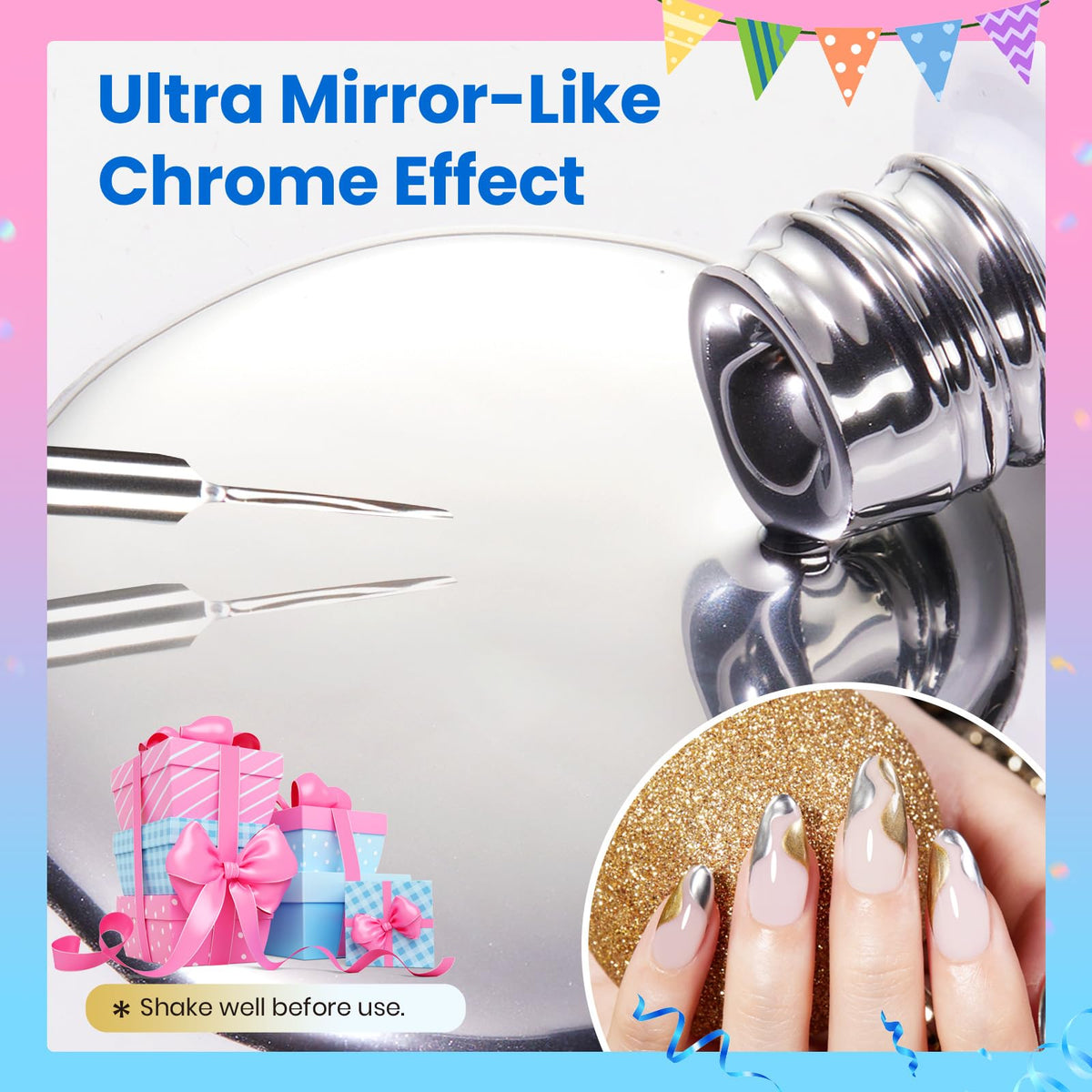 Beetles silver chrome stroke on nail tip illustrating mirror-like gloss