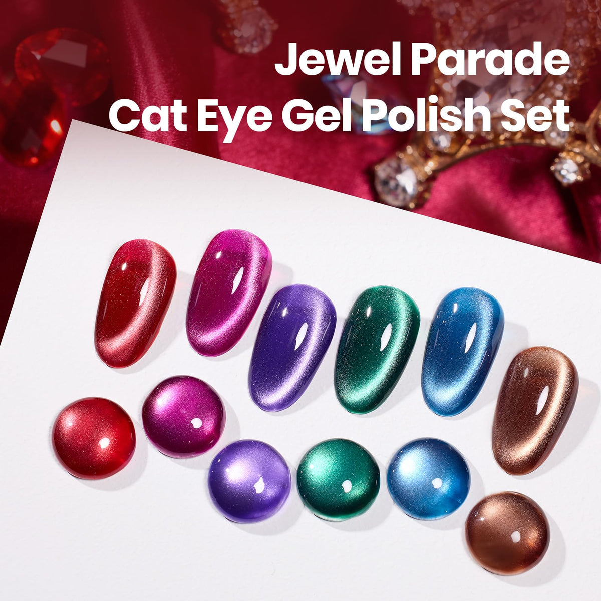 Beetles six bottles arranged top view displaying each Jewel Parade shade for color selection