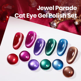 Beetles six bottles arranged top view displaying each Jewel Parade shade for color selection