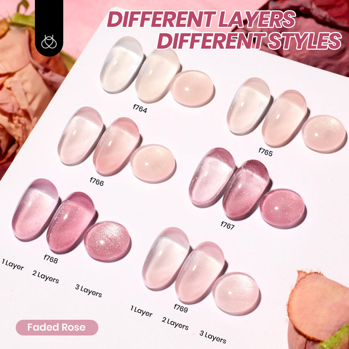 Beetles six bottles lined up top view displaying the range of sheer pink and neutral shades