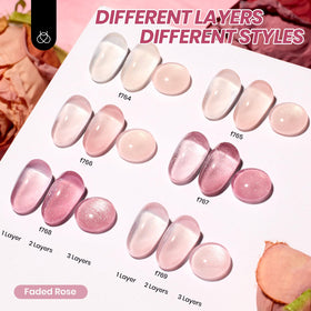Beetles six bottles lined up top view displaying the range of sheer pink and neutral shades