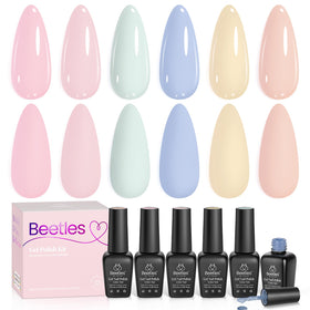 Beetles front packaging showing six pastel gel bottles and product benefits