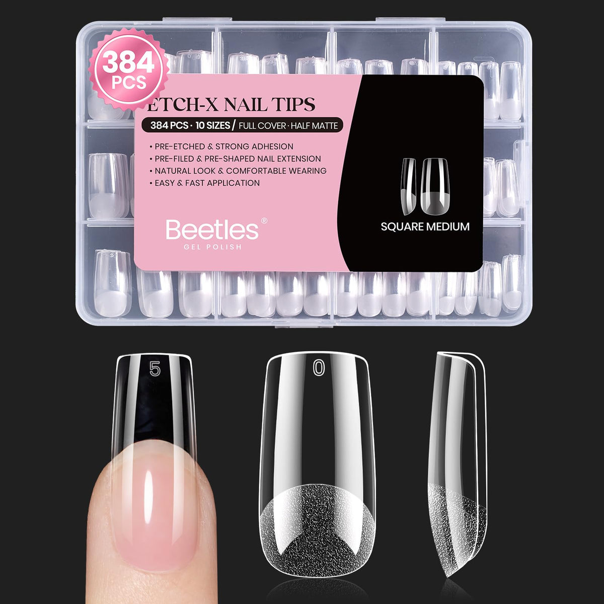 Beetles front packaging showing 384-piece square medium press-on kit for convenience