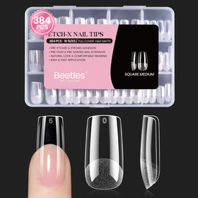 Beetles front packaging showing 384-piece square medium press-on kit for convenience