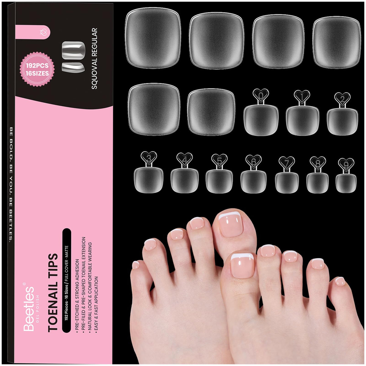 Beetles front packaging view showing 192-piece kit and square tips benefit durability