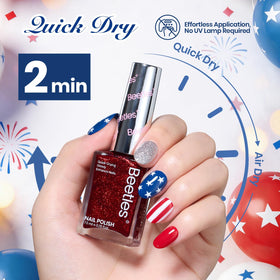 Beetles mani on hands outdoors showing durable patriotic nails for events