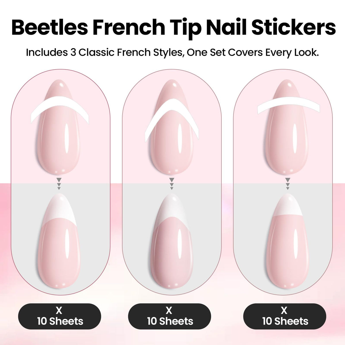 beetles stickers applied on natural nails creating crisp French tip lines