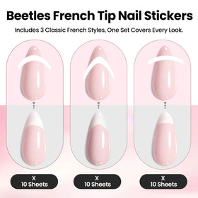 beetles stickers applied on natural nails creating crisp French tip lines