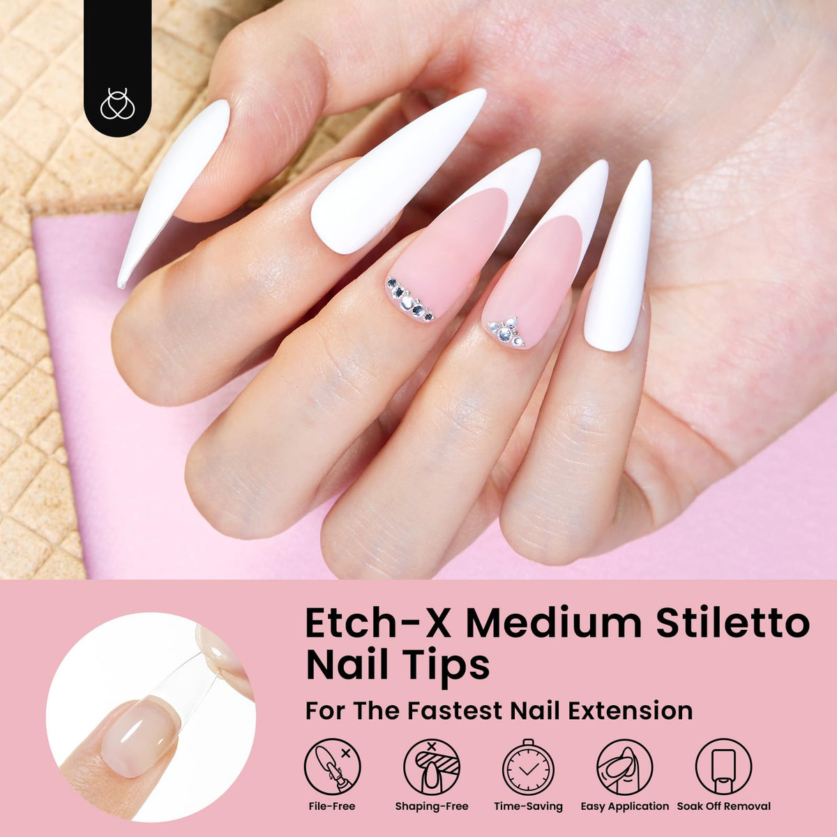Beetles Gel Polish side view of stiletto tip profile, illustrates salon shape