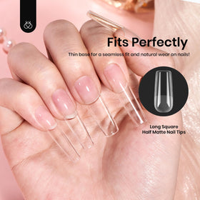 Beetles lifestyle image of worn long square nails showcasing salon-quality finish