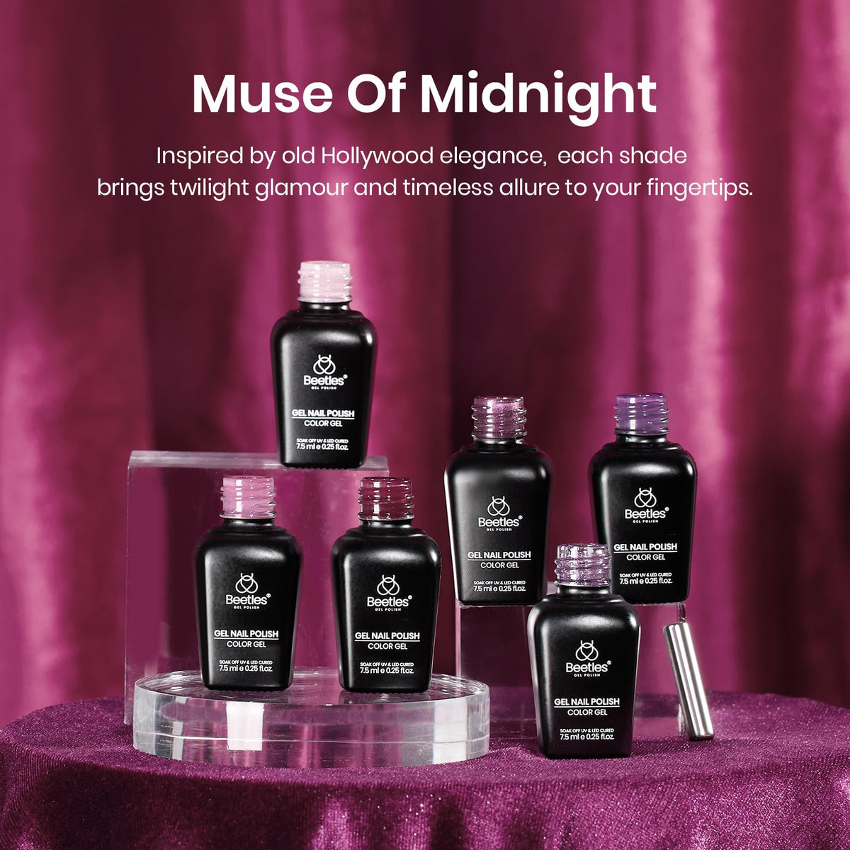 beetles nail wheel swatches displaying six purple shades and glitter, helps compare finishes
