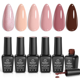 Beetles bottle lineup front packaging showing six nude shades and box