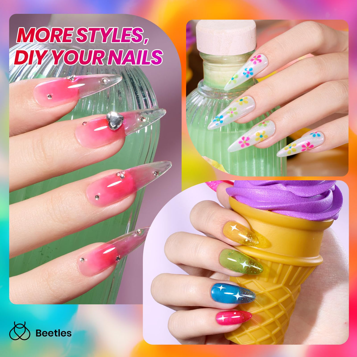 Beetles texture swatch on nail wheel showing buildable sheer-to-opaque neon effects for styling