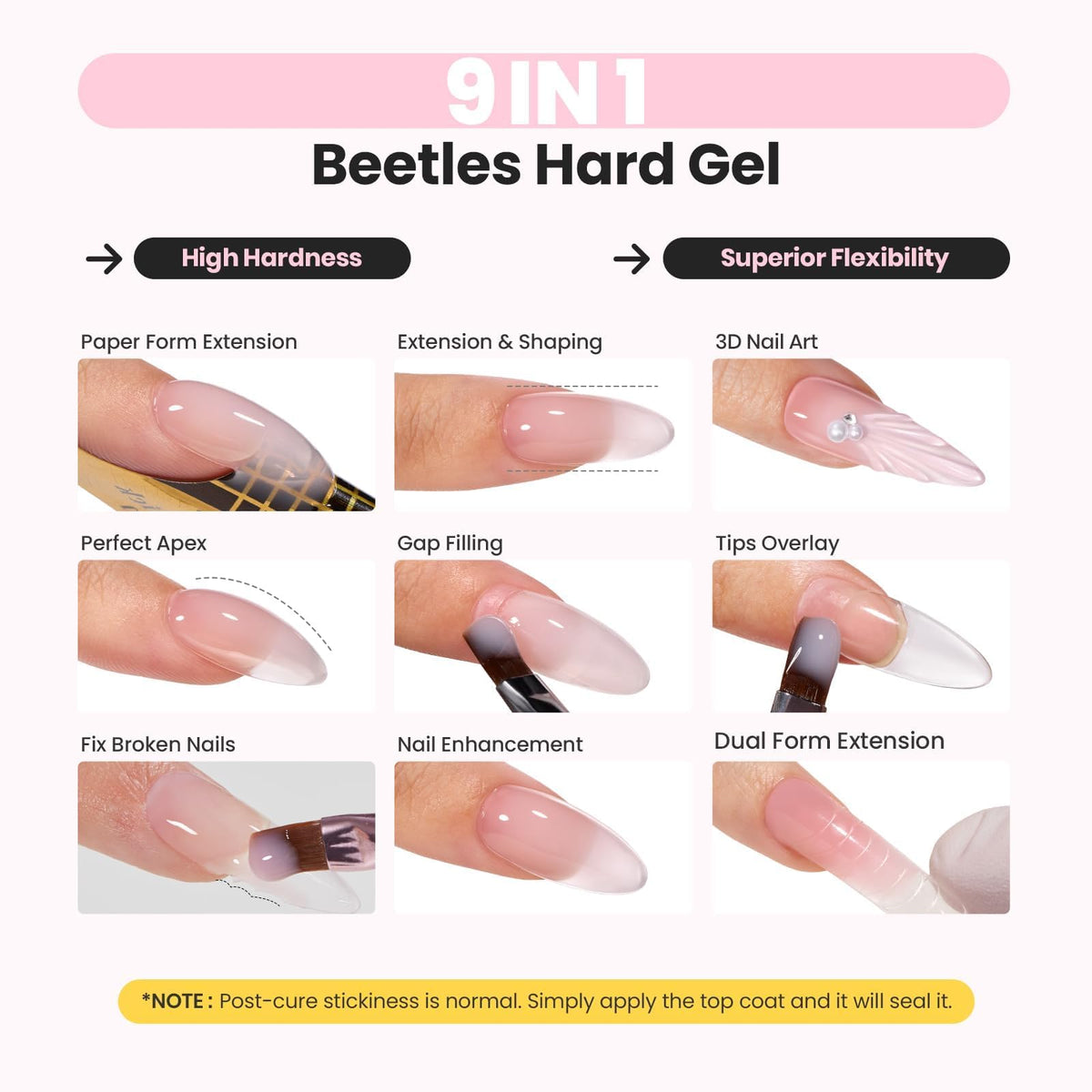 beetles three gel jars open displaying clear nude and glitter consistency