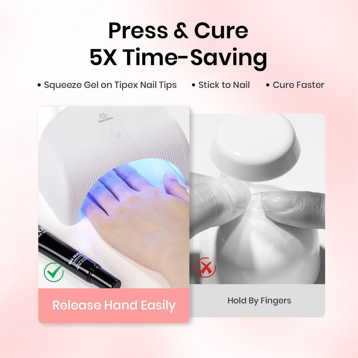 Beetles applying gel to multiple nails for no-hand cure workflow