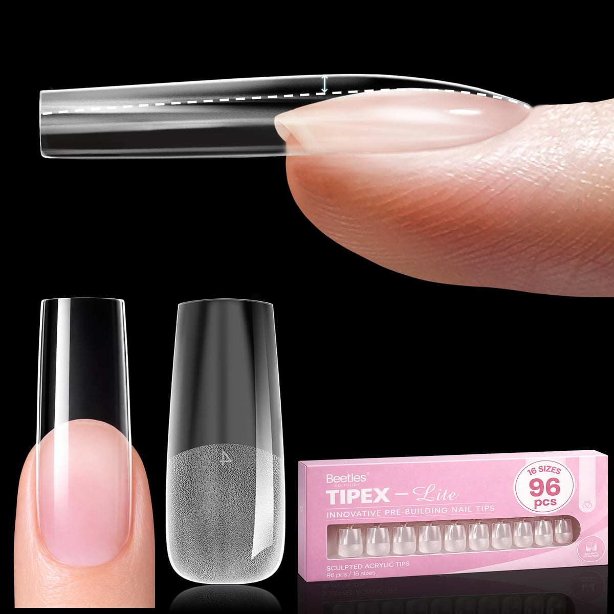 beetles Gel Polish front packaging of Tipex Lite tips showing long square set and sizes