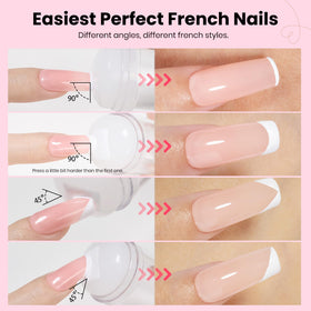 Beetles Gel Polish tool stamping a French tip on a fingernail, precise result