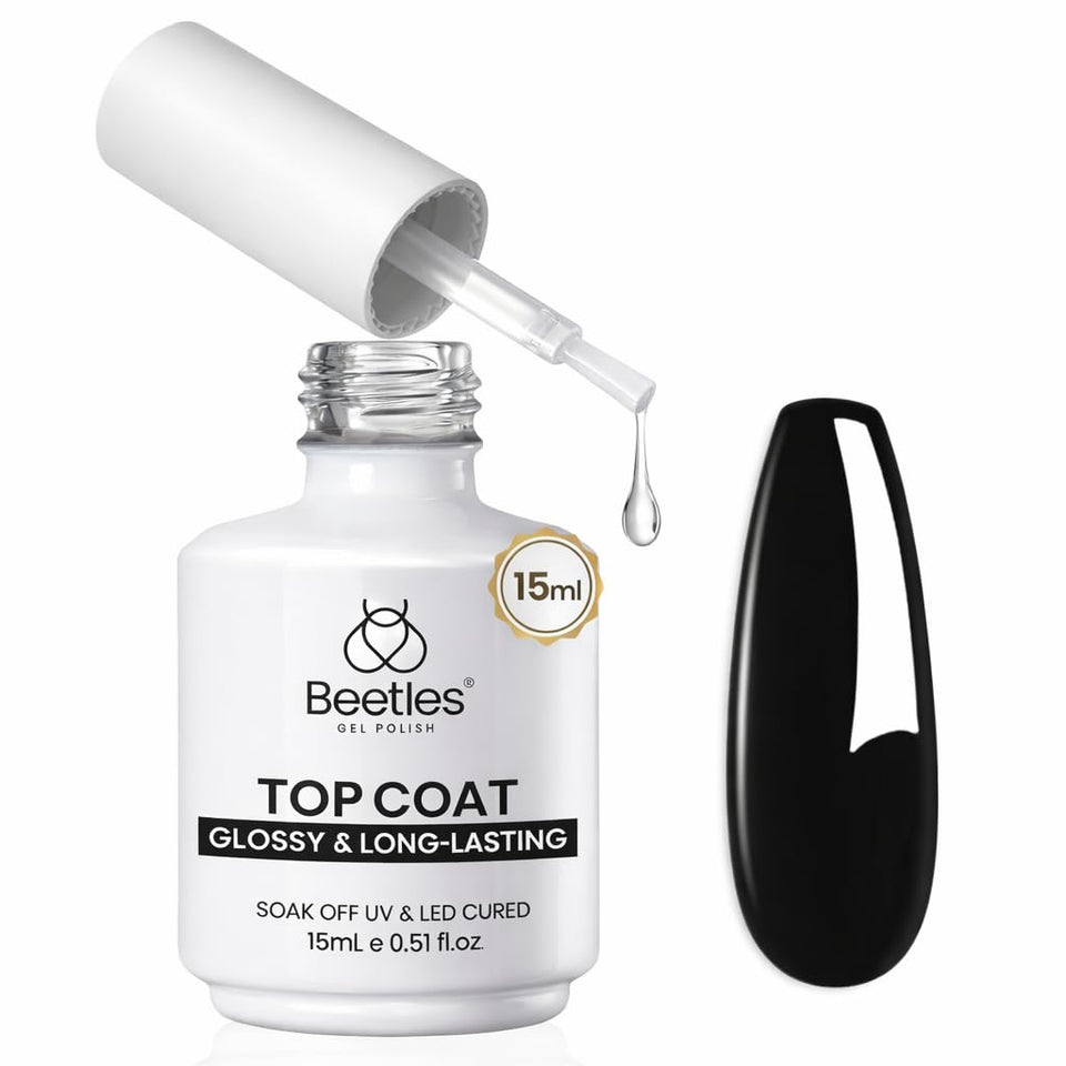 beetles clear top coat bottle front showing branding and neat packaging benefit glossy finish