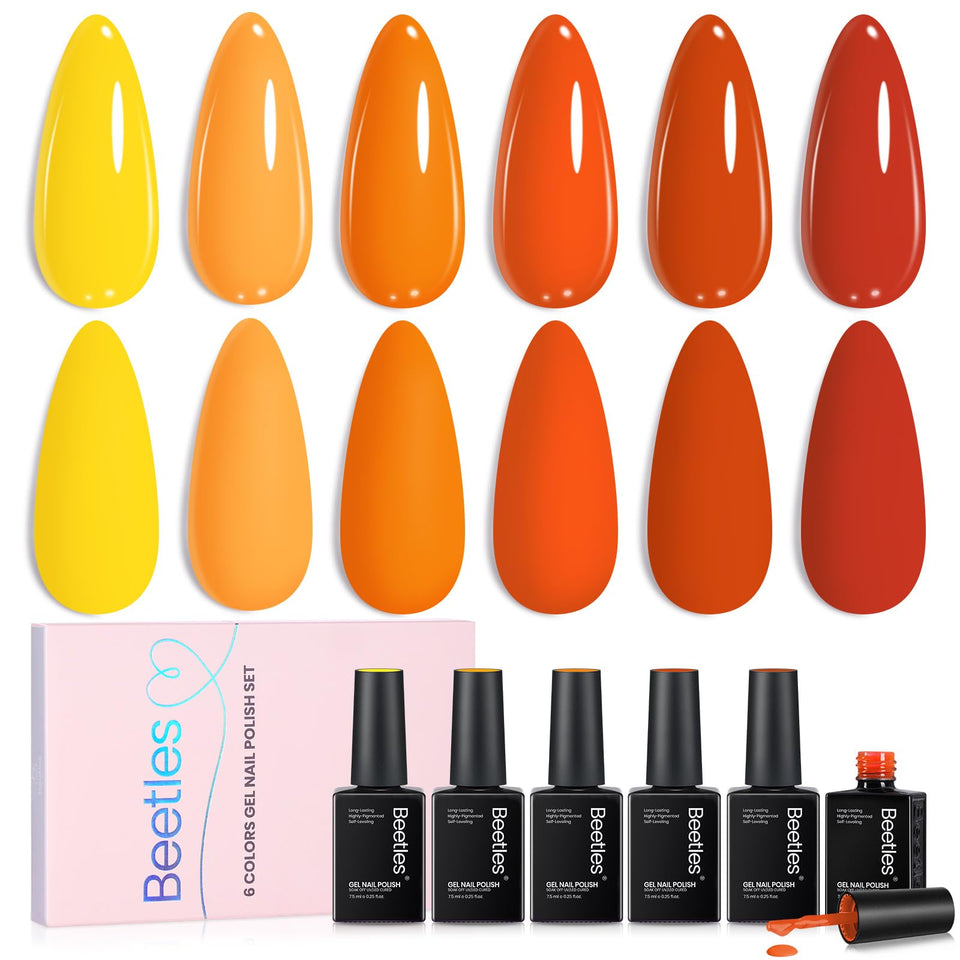 Beetles gel polish front packaging showing six warm sunset shades and gift-ready box
