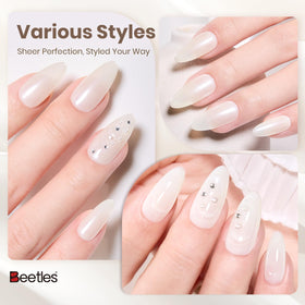 beetles nail swatch on fingers showing natural nude effect and flattering look