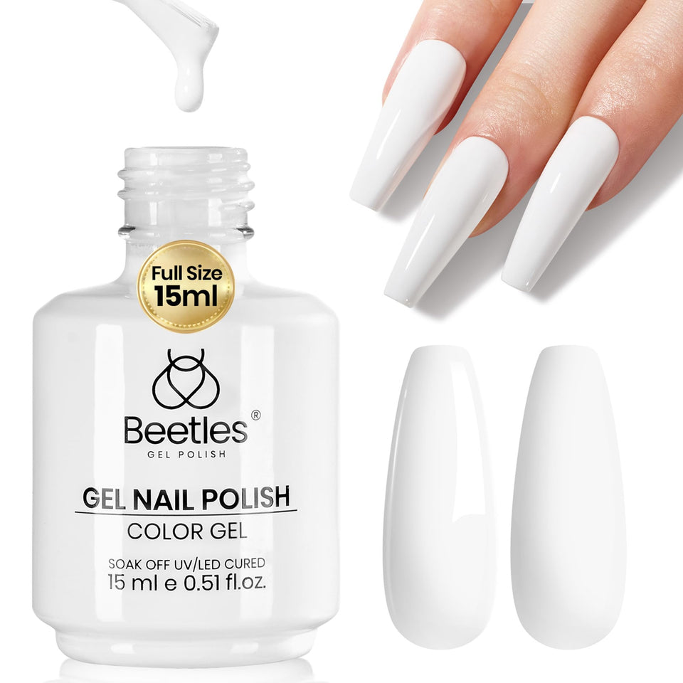 beetles gel polish bottle front view showing pure white shade and brand