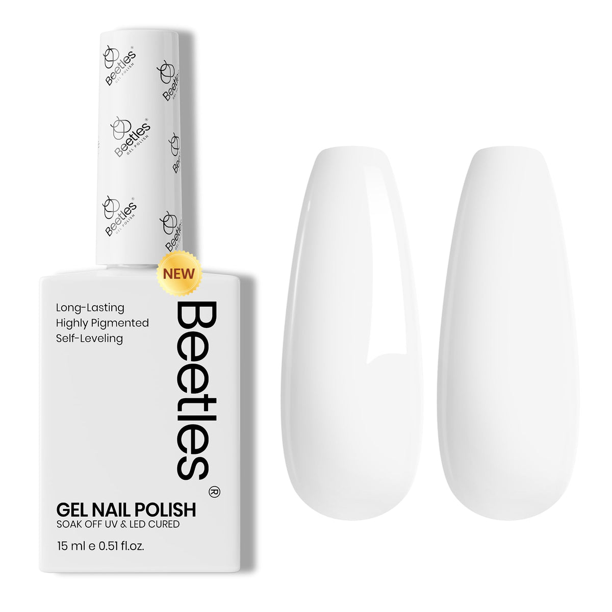 beetles bottle front view showing pure white gel shade and polish branding, professional finish