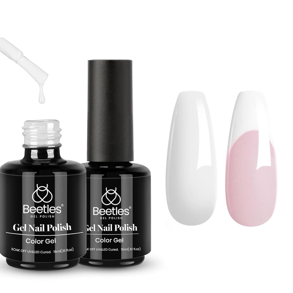 beetles front packaging showing two 15ml white gel bottles and bright finish benefit