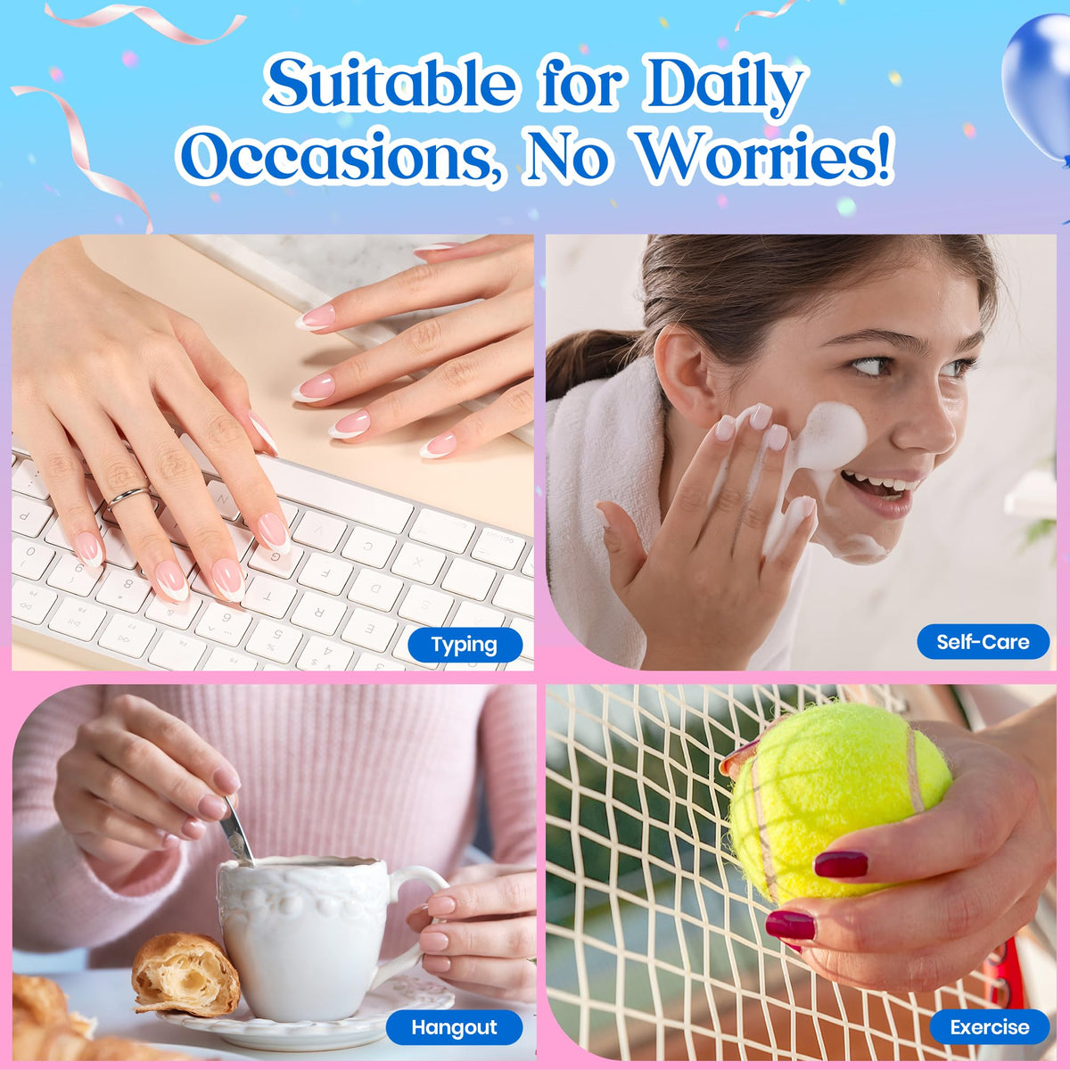 beetles model applying press on nails demonstrating quick at home use