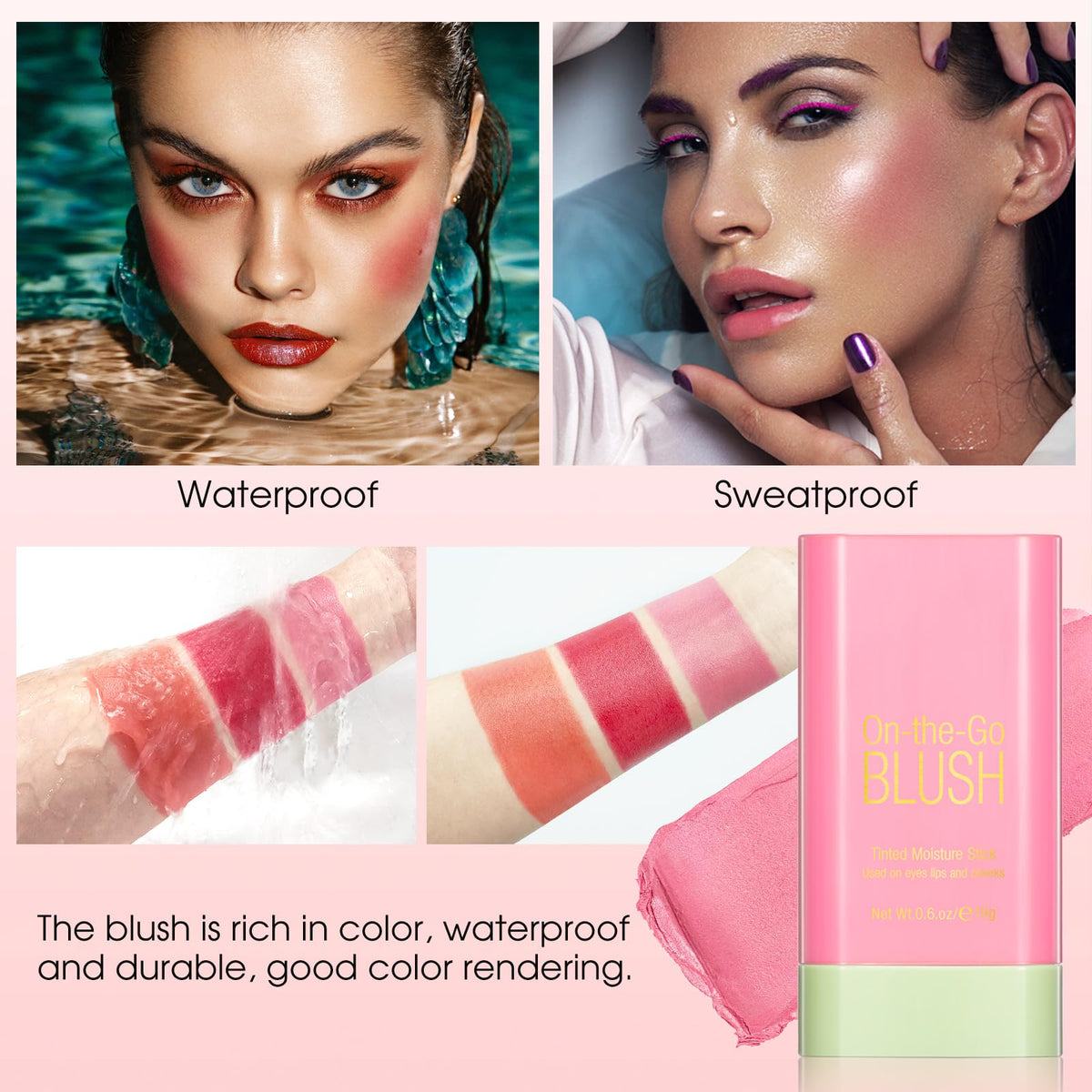 BEFIVECOK blush stick used on lips and eyelids showing versatile multi-use tint