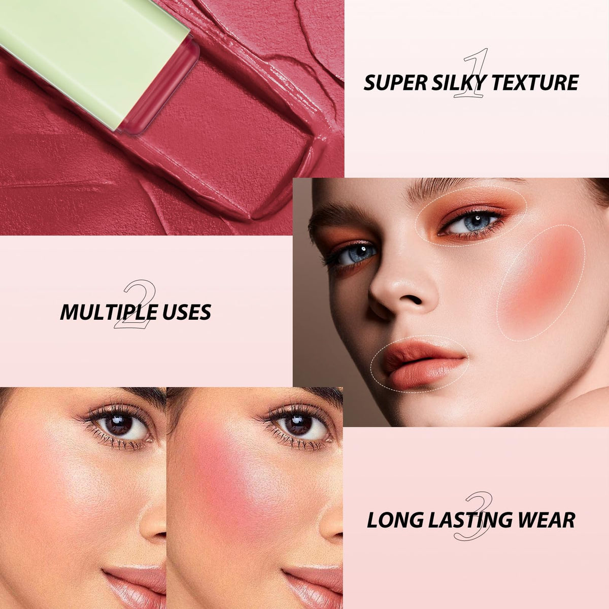 BEFIVECOK blush stick applied on cheek demonstrating natural flushed look