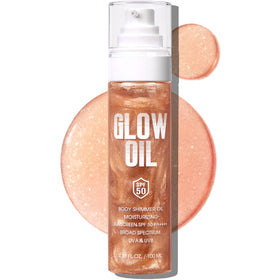 BEFIVECOK front bottle showing rose gold body glow oil and SPF 50 protection