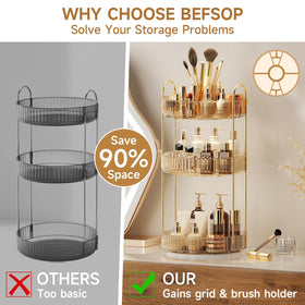 BEFSOP rotating organizer on vanity in use for quick-access benefit