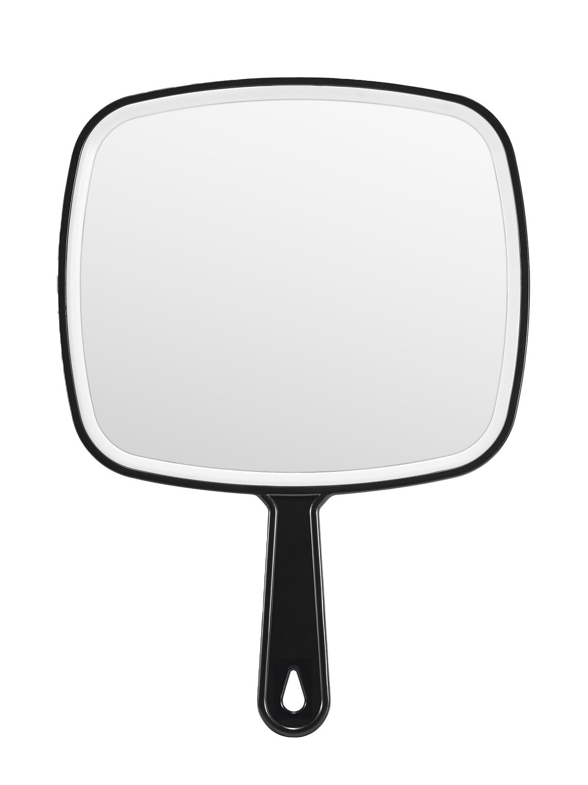 BEFUI front view of black handheld salon mirror showing large clear reflection benefit