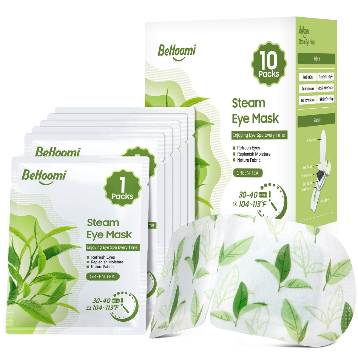 BeHoomi front packaging showing 10-pack and green tea scent calm