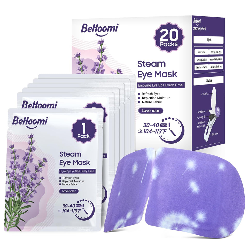BeHoomi front packaging of 20 lavender steam eye masks showing brand and contents, easy relaxation