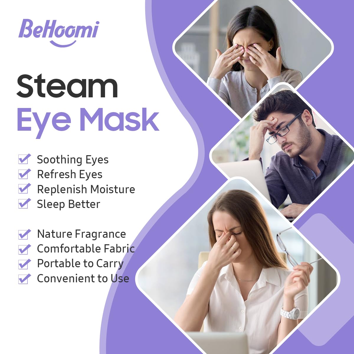 BeHoomi eye mask held in hand to show size and portability for travel