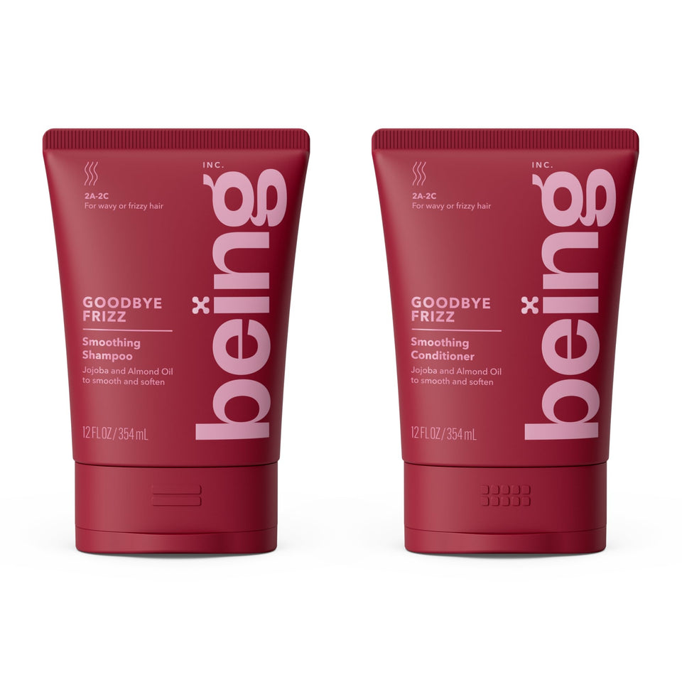 BEING front packaging showing smoothing shampoo and conditioner, clean shelf-ready benefit