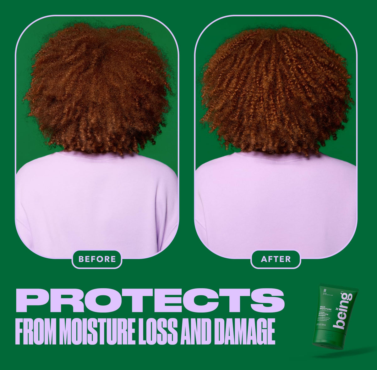 BEING INC results on curly hair showing defined, soft, hydrated coils