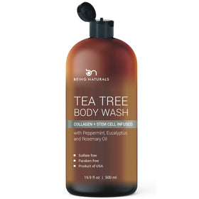Being Naturals front packaging showing tea tree body wash benefit refreshing cleanse