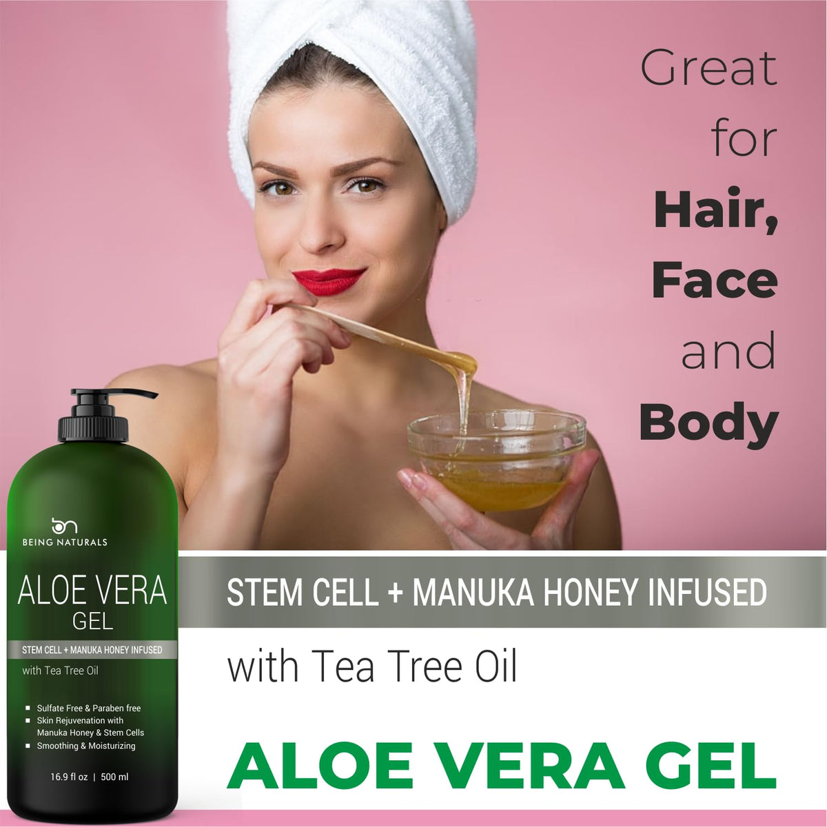 Being Naturals label detail listing Manuka honey, stem cells, tea tree