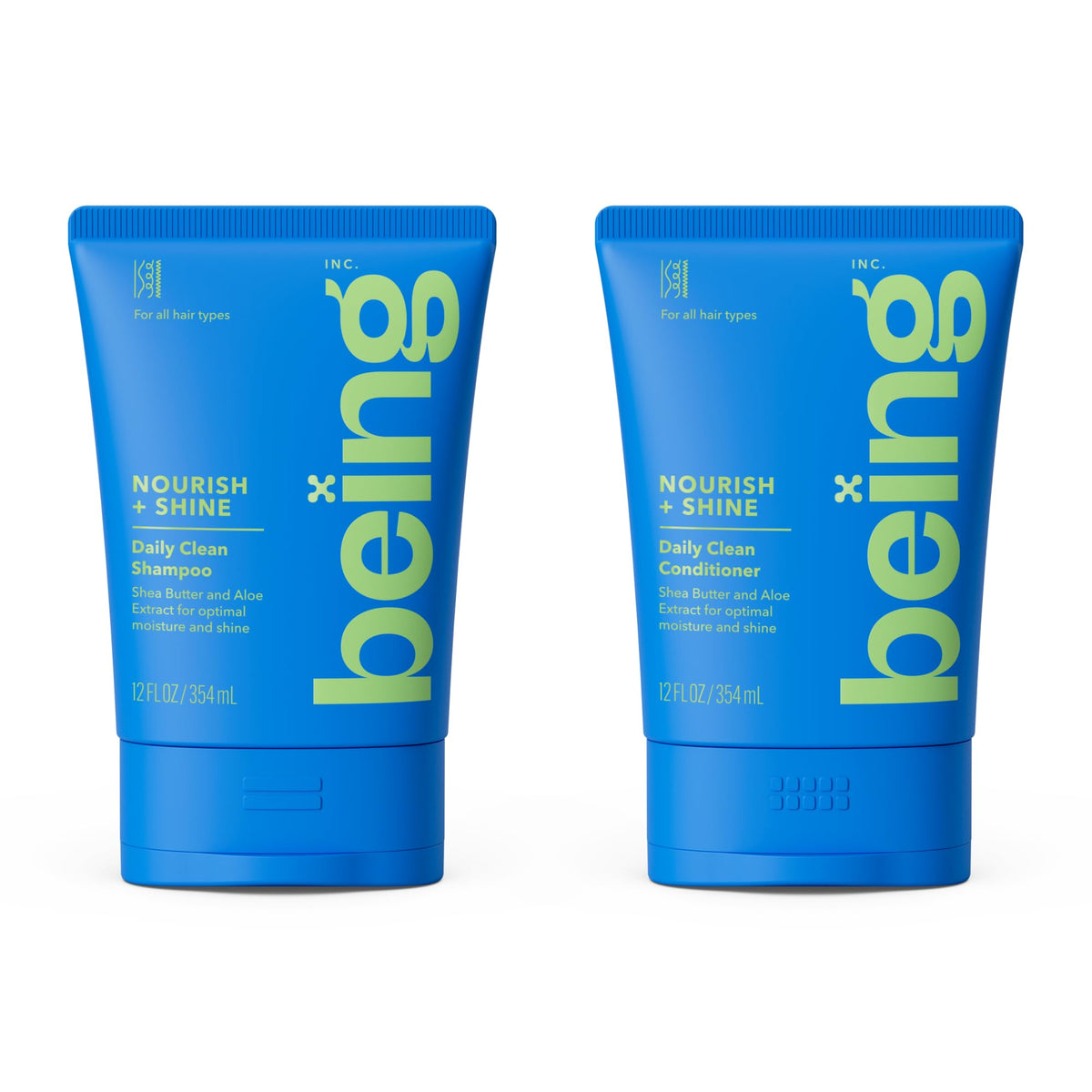 BEING INC front packaging of NOURISH + SHINE set showing both bottles and benefits