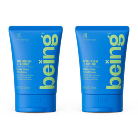 BEING INC front packaging of NOURISH + SHINE set showing both bottles and benefits