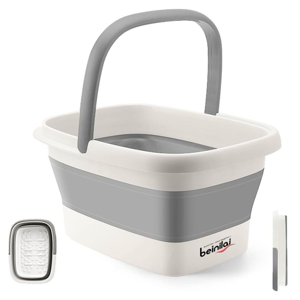 Beinilai front view of folded foot bath showing slim profile and easy storage