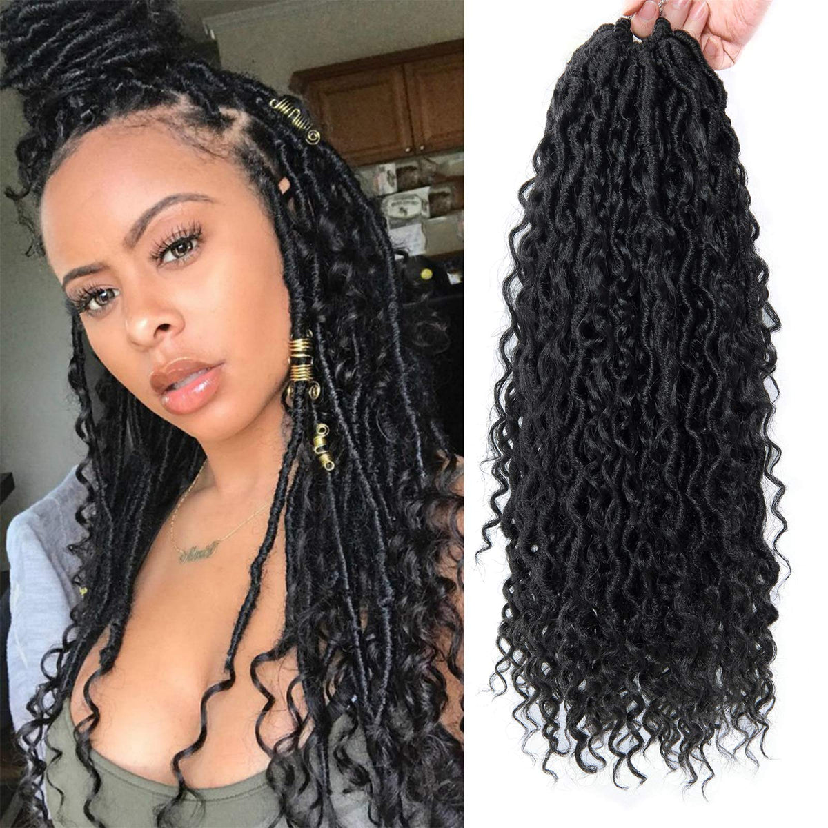 BEkjdiof front packaging showing 18 inch goddess locs and included accessories for easy install