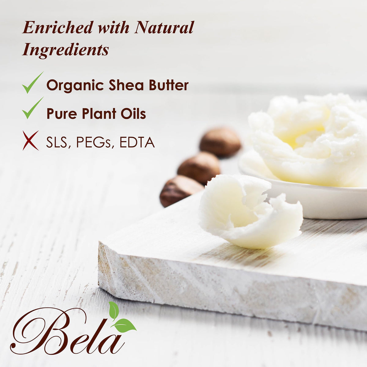 BELA label and ingredient list showing organic shea butter benefits