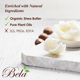 BELA label and ingredient list showing organic shea butter benefits